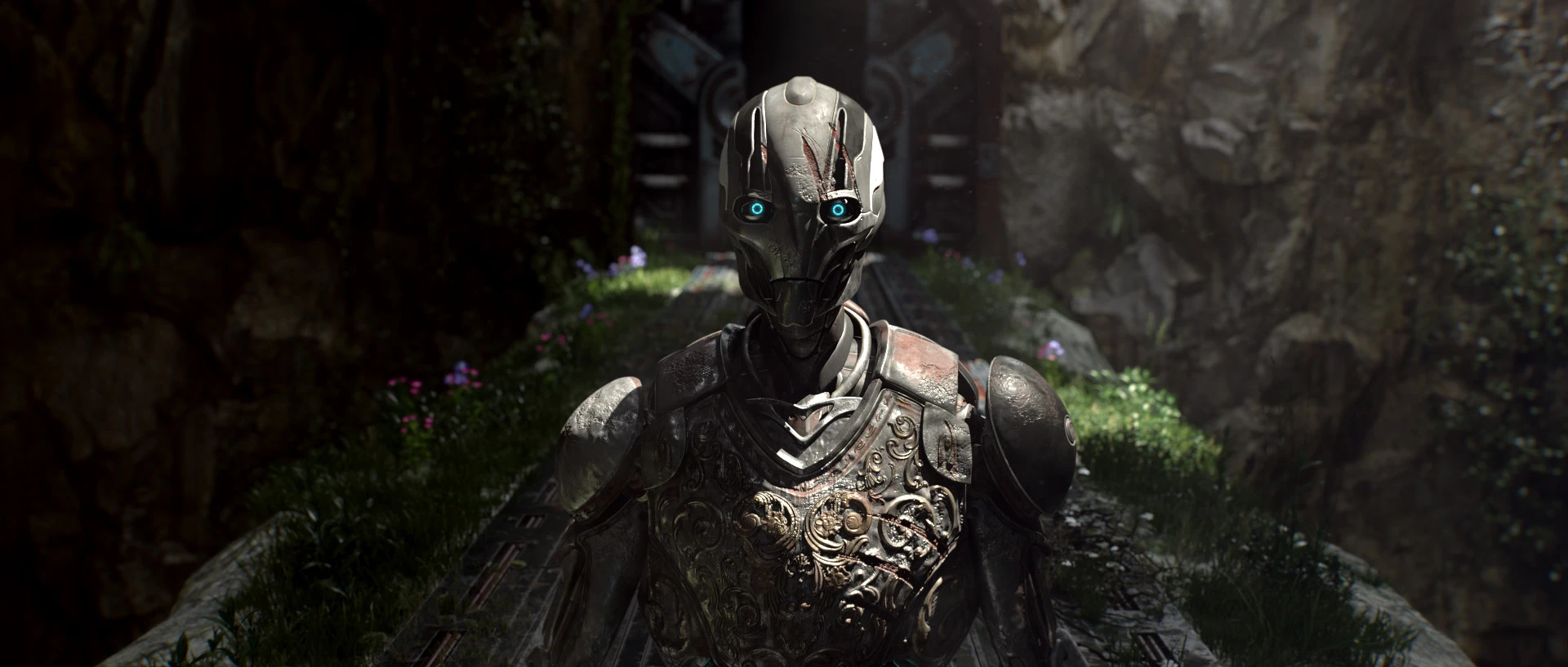 Un androide in CG in un corridoio invaso dalla vegetazione, dal corto NEST 05